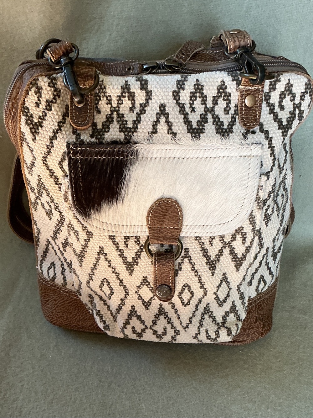 Myra Bag Cream and Brown Patterned Crossbody with Hair-on-Hide Accent